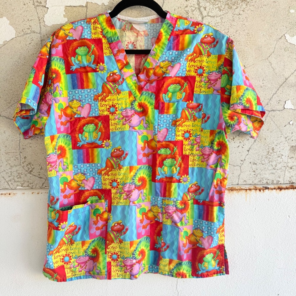 Vintage Scrub Top Frog Print Rainbow Tie Dye Peaches Uniforms V-Neck Y2K Kitschy